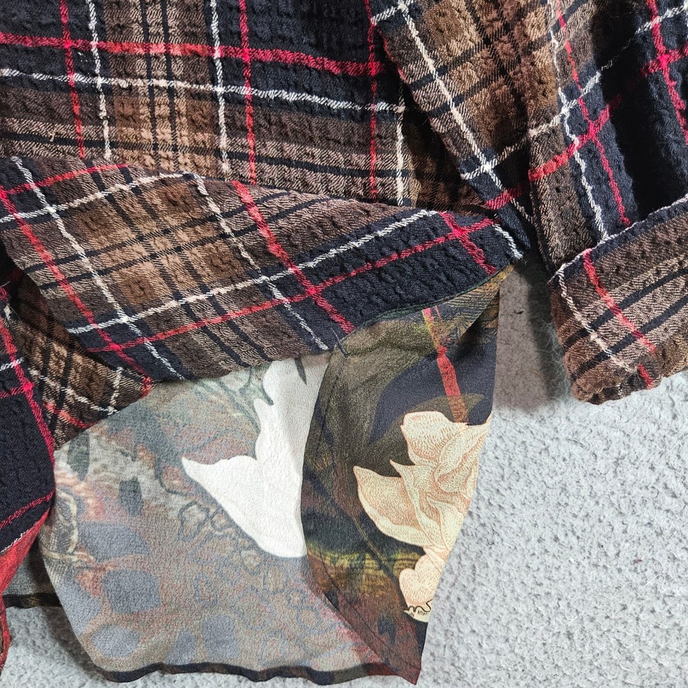 John Mark Womens XL Plaid Floral Mixed Media Button Down Shirt Textured Top Brwn - Picture 6 of 11